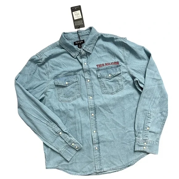 True Religion Denim Light Blue Western Pearl Snap Jean Chambray Mens Shirt Sz M - Picture 6 of 7